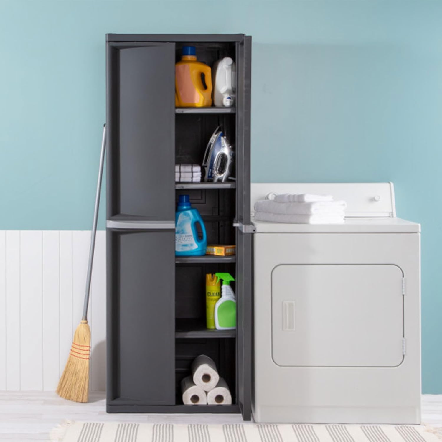 Sterilite 2-Pack 4 Shelf Cabinet, Lockable Utility Storage w/Adjustable Shelves, Gray - Plastic Shelving Unit for Organizing Garage, Pantry, Basement, Laundry Room or Mudroom Sterilite 2-Pack 4 Shelf Cabinet, Lockable Utility Storage w/Adjustable Shelves, Gray - Plastic Shelving Unit for Organizing Garage, Pantry, Basement, Laundry Room or Mudroom - Image 3
