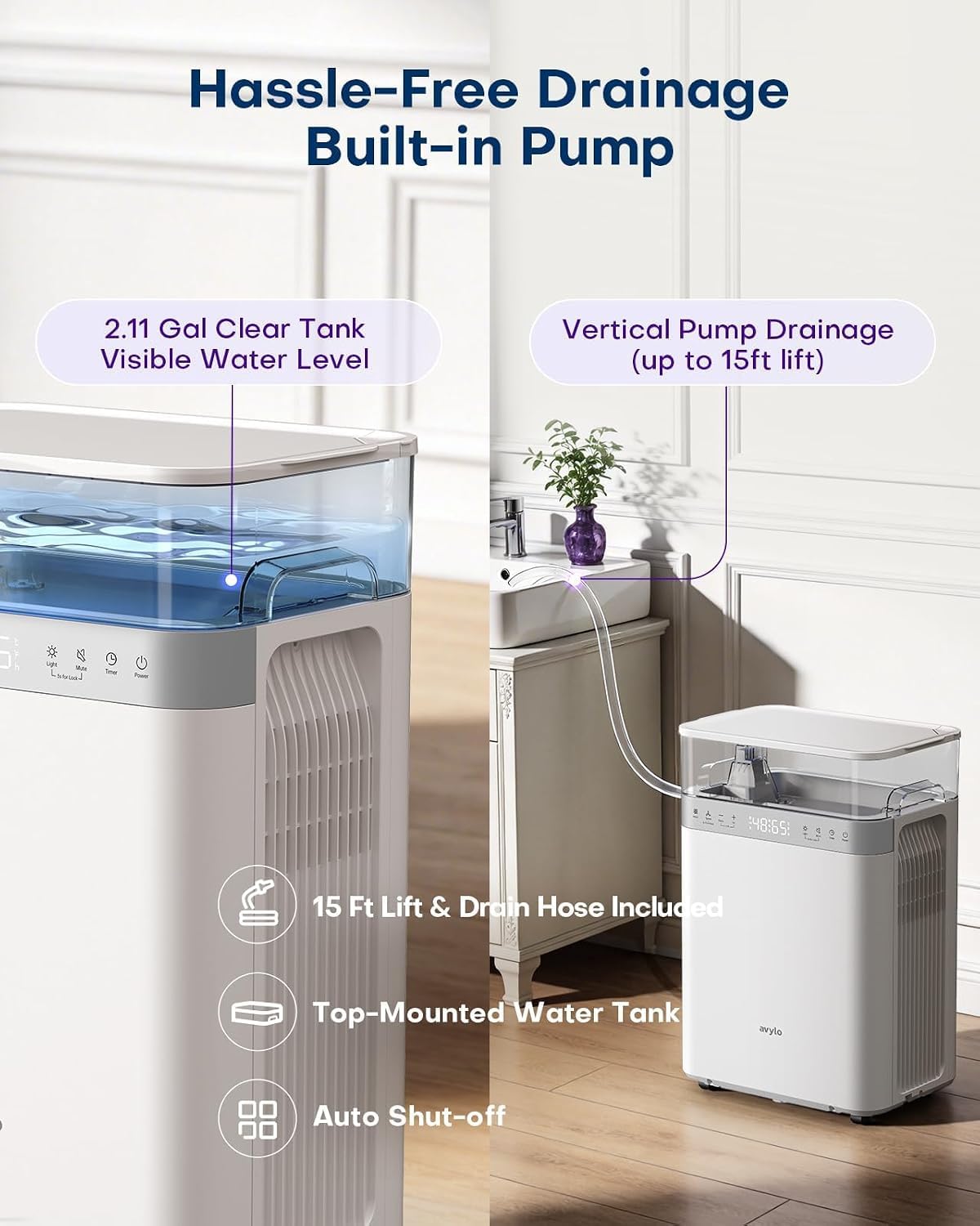 avylo Dehumidifier for Basement with Pump and Hose, Max 90 Pints/D, White | Energy Star Most Efficient 2025,5000 Sq.Ft Dehumidifier,Top Mounted 2.11Gal Tank,3 Drainage Option,Auto Shut Off,Auto Defrost avylo Dehumidifier for Basement with Pump and Hose, Max 90 Pints/D, White | Energy Star Most Efficient 2025,5000 Sq.Ft Dehumidifier,Top Mounted 2.11Gal Tank,3 Drainage Option,Auto Shut Off,Auto Defrost - Image 3