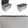 Suncast 160-Gal. Resin Extra-Large Outdoor Patio Deck Box with Pad-Lockable Lid, Modern Reeded Outdoor Patio Bench/Storage Box for Cushions, Garden Tools, and More, Iron Ore/French Gray