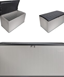 Suncast 160-Gal. Resin Extra-Large Outdoor Patio Deck Box with Pad-Lockable Lid, Modern Reeded Outdoor Patio Bench/Storage Box for Cushions, Garden Tools, and More, Iron Ore/French Gray