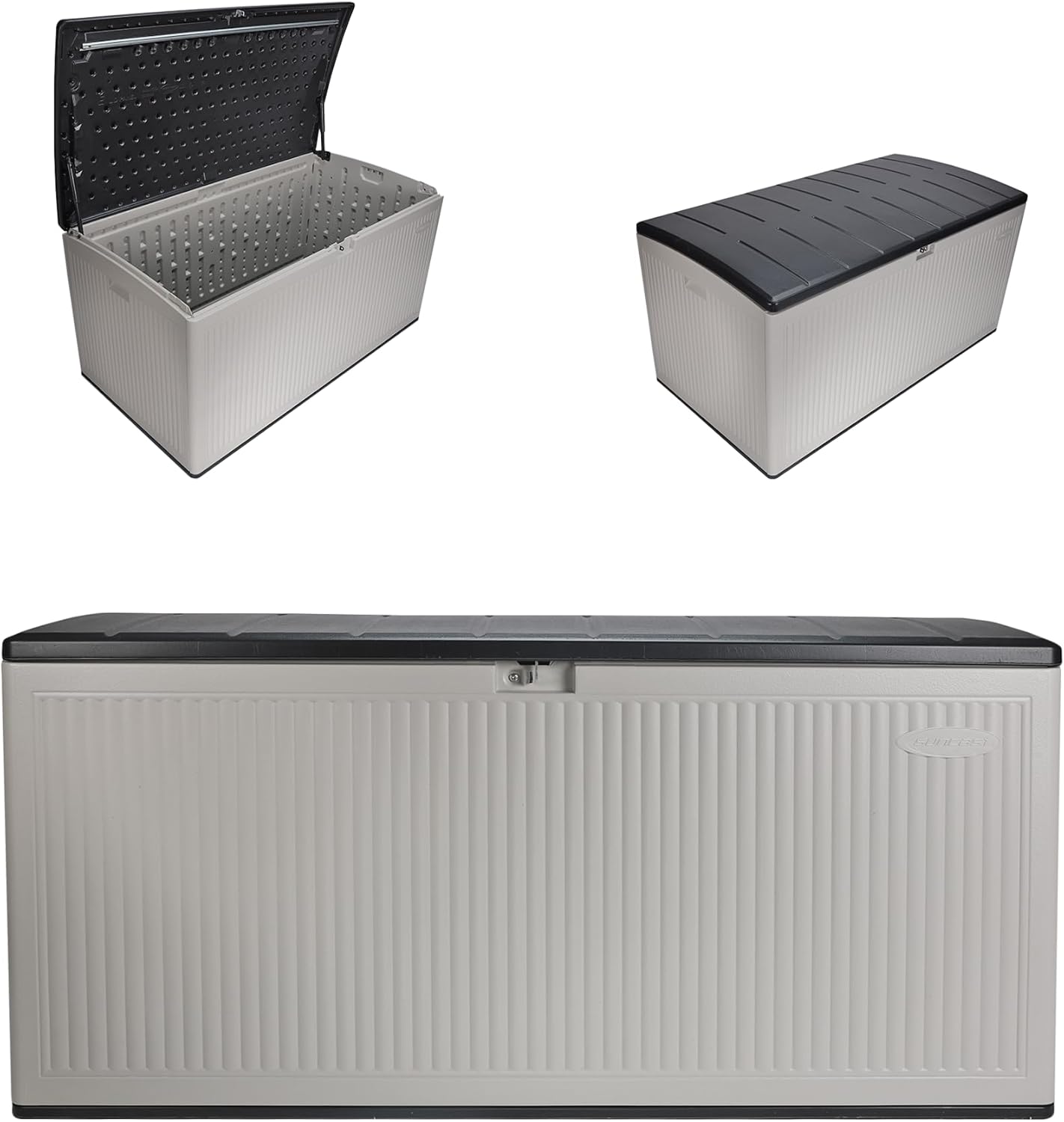 Suncast 160-Gal. Resin Extra-Large Outdoor Patio Deck Box with Pad-Lockable Lid, Modern Reeded Outdoor Patio Bench/Storage Box for Cushions, Garden Tools, and More, Iron Ore/French Gray Suncast 160-Gal. Resin Extra-Large Outdoor Patio Deck Box with Pad-Lockable Lid, Modern Reeded Outdoor Patio Bench/Storage Box for Cushions, Garden Tools, and More, Iron Ore/French Gray