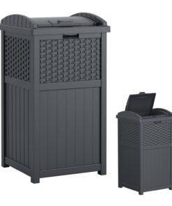 Suncast 33 Gallon Wicker-Style Hideaway Trash Can with Secure Latching Lid and Weather-Resistant Construction for Patio, Cyberspace Grey, Made in the USA