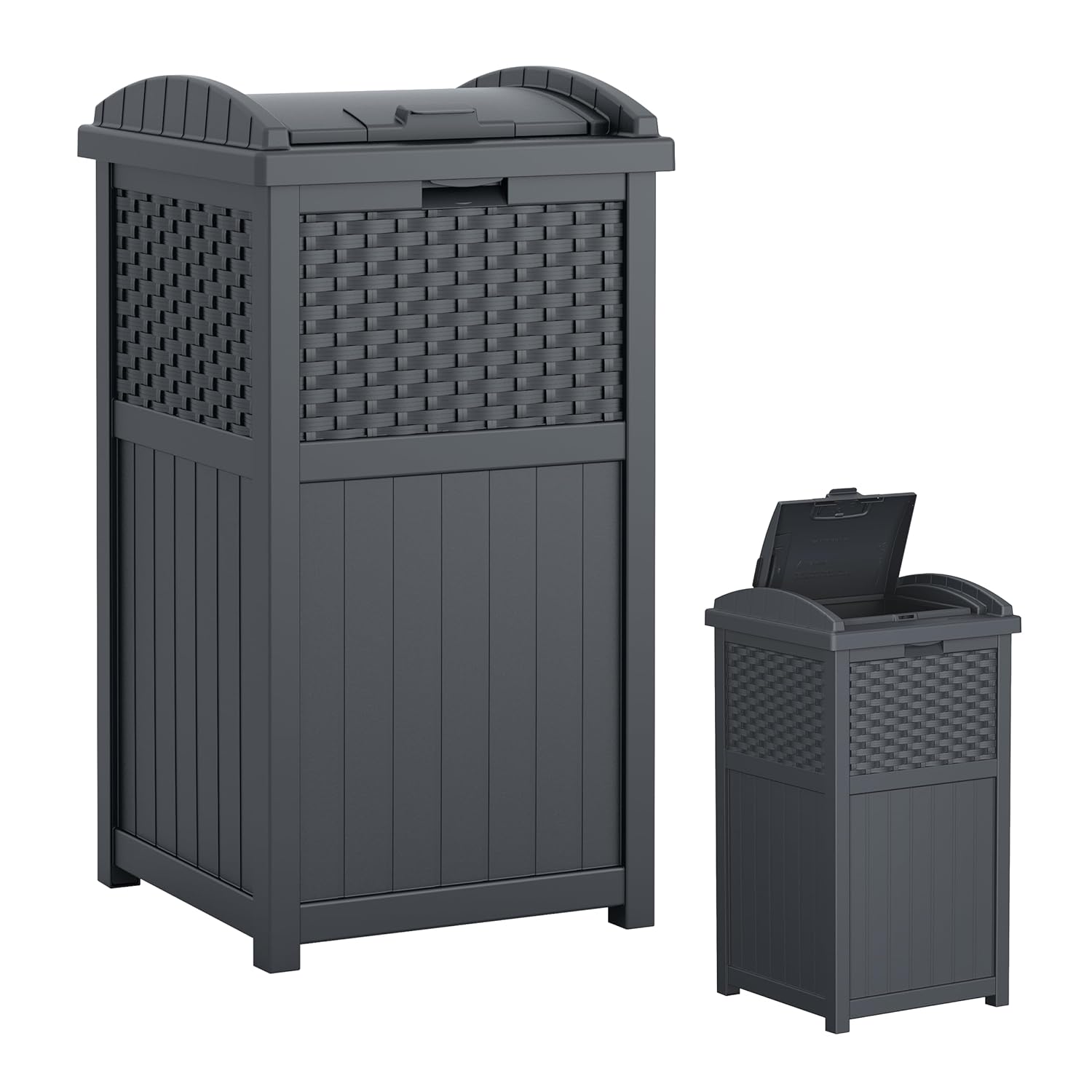 Suncast 33 Gallon Wicker-Style Hideaway Trash Can with Secure Latching Lid and Weather-Resistant Construction for Patio, Cyberspace Grey, Made in the USA Suncast 33 Gallon Wicker-Style Hideaway Trash Can with Secure Latching Lid and Weather-Resistant Construction for Patio, Cyberspace Grey, Made in the USA