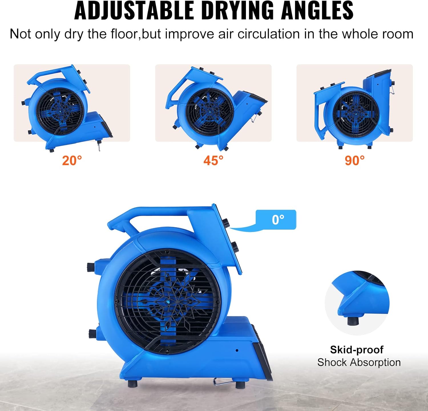 VEVOR Air Mover, 1/2 HP 2600 CFM Carpet Dryer for Cooling and Ventilating, Portable Floor Blower Fan with 4 Blowing Angles and Time Function, for Janitorial, Home, Commercial Use VEVOR Air Mover, 1/2 HP 2600 CFM Carpet Dryer for Cooling and Ventilating, Portable Floor Blower Fan with 4 Blowing Angles and Time Function, for Janitorial, Home, Commercial Use - Image 4