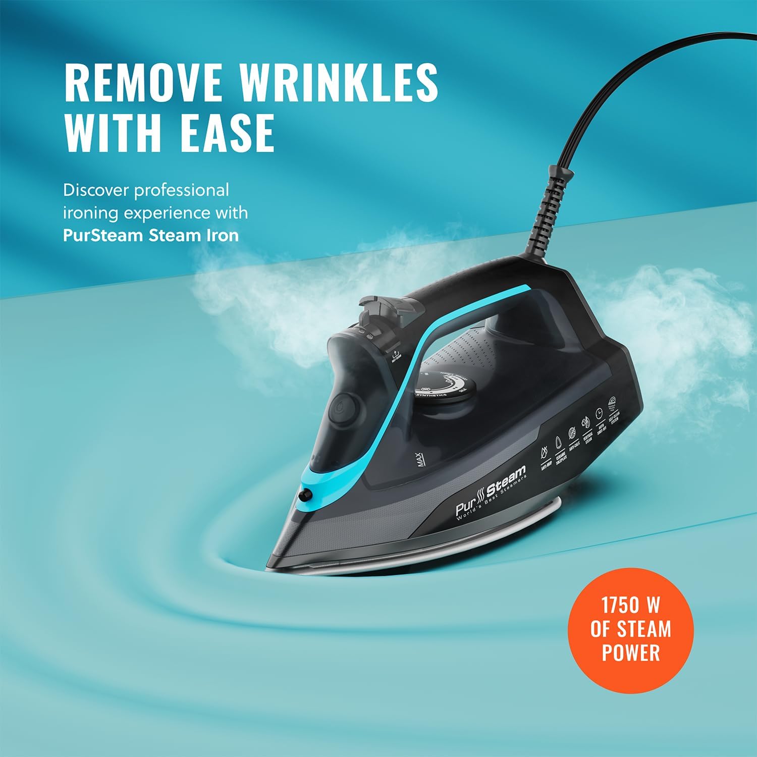 Pursteam SteamBurst+ 1750W Steam Iron, Ceramic Soleplate, Adjustable Steam, Burst of Steam, Self-Clean, Anti-Calc, Anti-Drip, Powerful & Long-Lasting Steam for All Fabrics Pursteam SteamBurst+ 1750W Steam Iron, Ceramic Soleplate, Adjustable Steam, Burst of Steam, Self-Clean, Anti-Calc, Anti-Drip, Powerful & Long-Lasting Steam for All Fabrics - Image 2