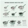 T-Fal Refresh Ceramic Nonstick Pots and Pans Set, 20-Piece, Mint Green | Recycled aluminum body, Thermo-Spot heat indicator, Oven safe to 350°F, No induction, Vented glass lids included