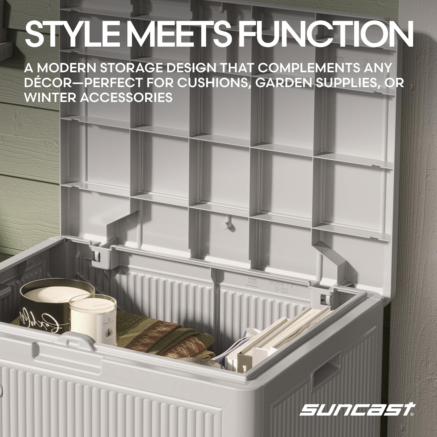 Suncast 22-Gal. Resin Small Outdoor Patio Deck Box with Reeded Design, Modern Outdoor Patio Bench/Storage Box for Cushions, Garden Tools, and More, French Gray Suncast 22-Gal. Resin Small Outdoor Patio Deck Box with Reeded Design, Modern Outdoor Patio Bench/Storage Box for Cushions, Garden Tools, and More, French Gray - Image 7