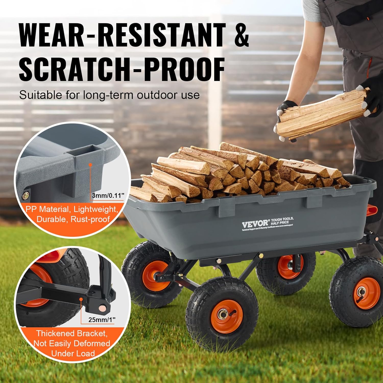 VEVOR 800lbs Poly Dump Garden Cart, Heavy Duty Yard Dump Cart Wagon, 4 Wheel Wheelbarrow with 10in Tires, 180°Rotating Handle, Steel Frame and Quick Release System VEVOR 800lbs Poly Dump Garden Cart, Heavy Duty Yard Dump Cart Wagon, 4 Wheel Wheelbarrow with 10in Tires, 180°Rotating Handle, Steel Frame and Quick Release System - Image 3