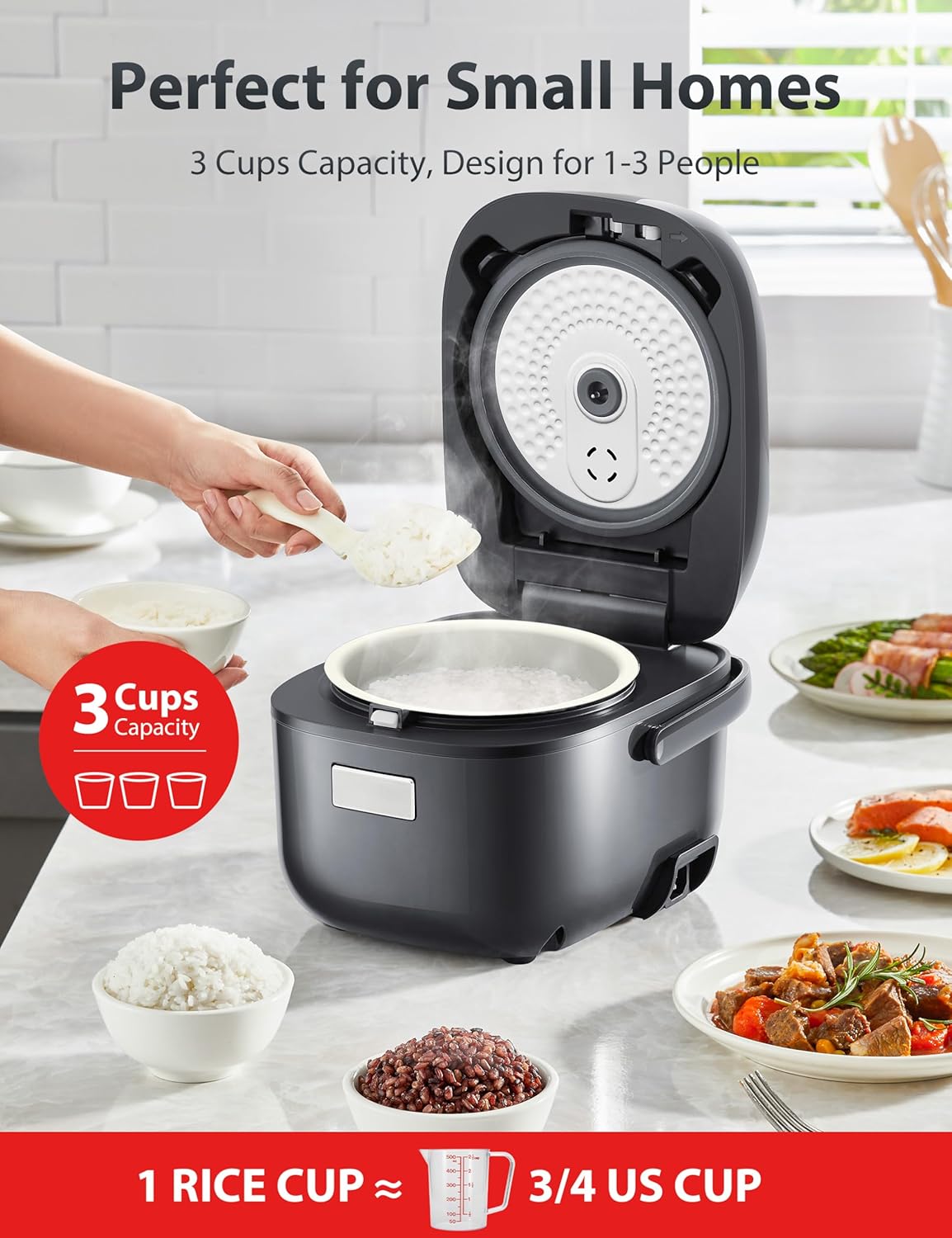 TOSHIBA Small Rice Cooker, 3-Cup Uncooked, for 1-3 People, LCD Display, 8 Cooking Functions, Nonstick Inner Pot, Grey TOSHIBA Small Rice Cooker, 3-Cup Uncooked, for 1-3 People, LCD Display, 8 Cooking Functions, Nonstick Inner Pot, Grey - Image 2