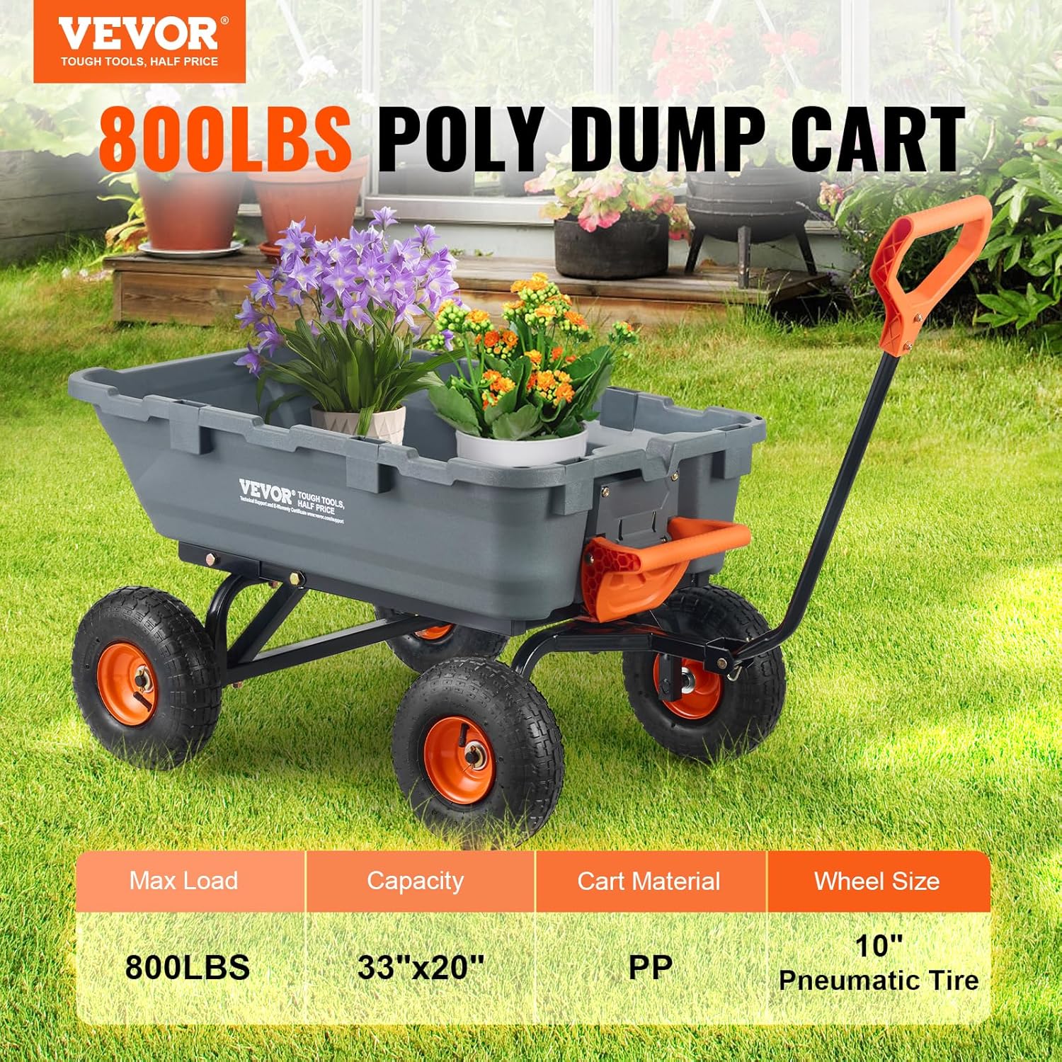 VEVOR 800lbs Poly Dump Garden Cart, Heavy Duty Yard Dump Cart Wagon, 4 Wheel Wheelbarrow with 10in Tires, 180°Rotating Handle, Steel Frame and Quick Release System VEVOR 800lbs Poly Dump Garden Cart, Heavy Duty Yard Dump Cart Wagon, 4 Wheel Wheelbarrow with 10in Tires, 180°Rotating Handle, Steel Frame and Quick Release System - Image 2