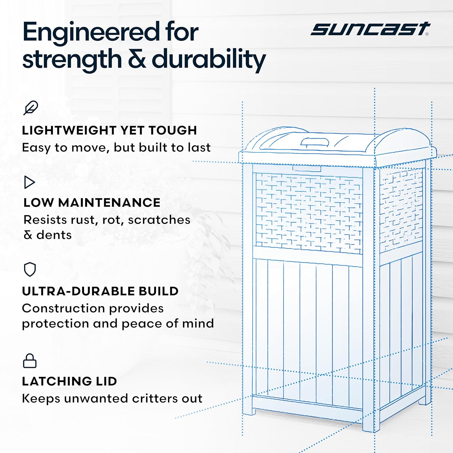 Suncast 33 Gallon Wicker-Style Hideaway Trash Can with Secure Latching Lid and Weather-Resistant Construction for Patio, Cyberspace Grey, Made in the USA Suncast 33 Gallon Wicker-Style Hideaway Trash Can with Secure Latching Lid and Weather-Resistant Construction for Patio, Cyberspace Grey, Made in the USA - Image 6