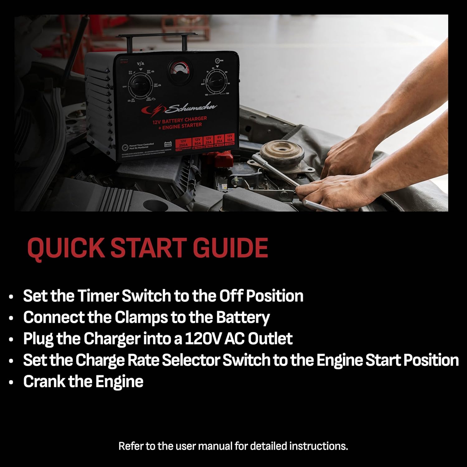 Schumacher Electric 6V/12V Time Controlled Battery Charger & Engine Starter - Precision Controlled Charger with 135-minute Timer & Overload Protection - 250 Cranking Amps & 3 Boost Modes - SC1667 Schumacher Electric 6V/12V Time Controlled Battery Charger & Engine Starter - Precision Controlled Charger with 135-minute Timer & Overload Protection - 250 Cranking Amps & 3 Boost Modes - SC1667 - Image 3