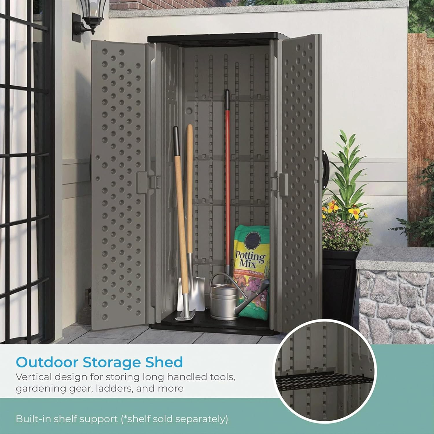 Suncast 22 Cubic Ft. Vertical Resin Outdoor Storage Shed with Lockable Double Doors, Weather-Resistant Multi-Wall Panels, Stoney Suncast 22 Cubic Ft. Vertical Resin Outdoor Storage Shed with Lockable Double Doors, Weather-Resistant Multi-Wall Panels, Stoney - Image 6