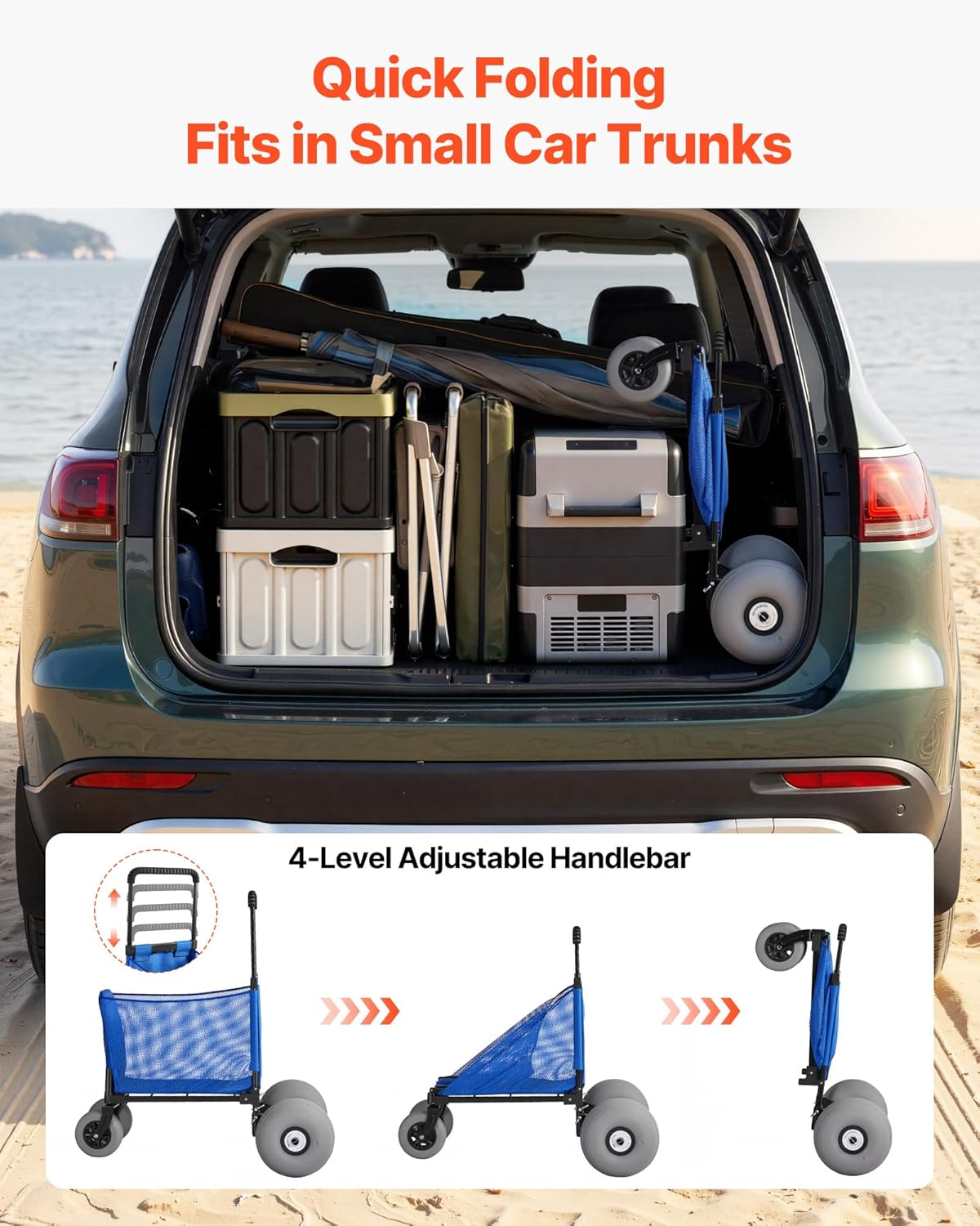 VEVOR Beach Cart, 165LBS Load Capacity, Portable Folding Beach Wagon Dolly with 12" Balloon Wheels for Sand, Storage Bag & 4-Level Adjustable Height for Outdoor Camping Fishing VEVOR Beach Cart, 165LBS Load Capacity, Portable Folding Beach Wagon Dolly with 12" Balloon Wheels for Sand, Storage Bag & 4-Level Adjustable Height for Outdoor Camping Fishing - Image 4
