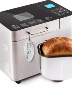 Elite Gourmet Bread Maker, PFAS-Free Ceralast Pan, 3 Sizes, Stainless Steel | Programmable, Touch Screen Control Panel, Ceramic Pan - 19 Functions Bake Gluten-Free, White, Wheat, Rye & More, 2 Lb Loaves