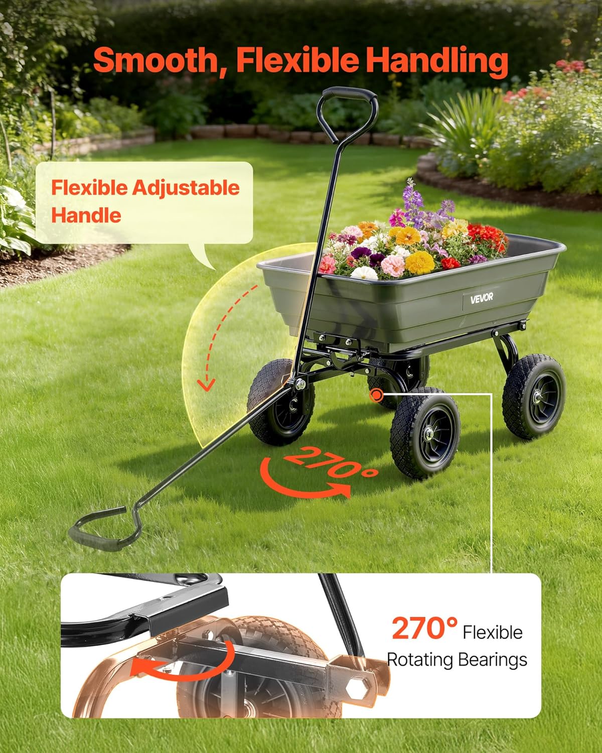 VEVOR 4 Cu.Ft 600LBS Poly Garden Cart Dump Wagon, 4 Wheel Heavy Duty Wheelbarrow with 10" Flat Free Tires, Yard Cart Dump Wagon with Quick-Release System VEVOR 4 Cu.Ft 600LBS Poly Garden Cart Dump Wagon, 4 Wheel Heavy Duty Wheelbarrow with 10" Flat Free Tires, Yard Cart Dump Wagon with Quick-Release System - Image 5
