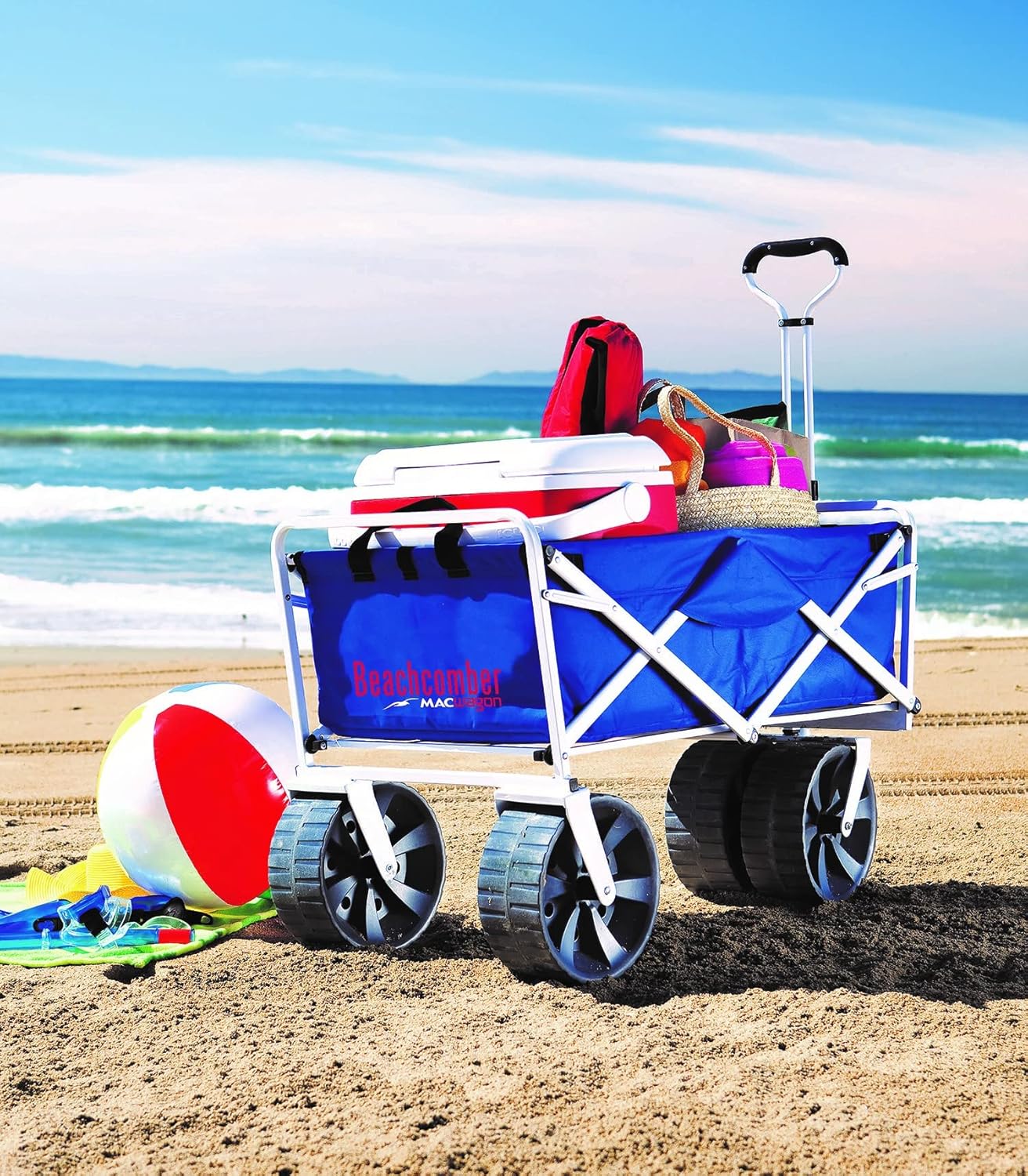 Mac Sports Heavy Duty Collapsible Folding All Terrain Utility Beach Wagon Cart, Blue/White Mac Sports Heavy Duty Collapsible Folding All Terrain Utility Beach Wagon Cart, Blue/White - Image 7