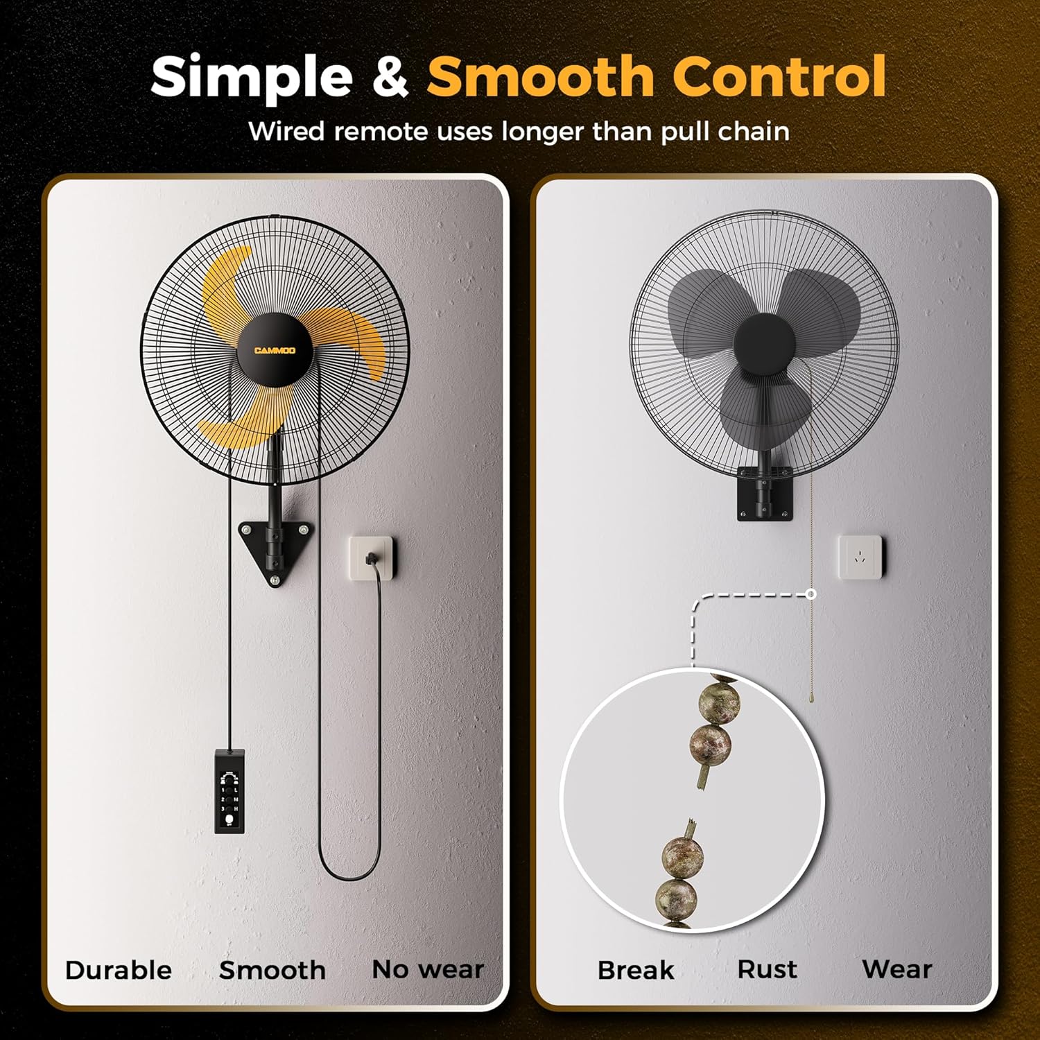 CAMMOO 18 Inch Wall Mount Fan Oscillating, 600D Oxford Cover & Wired Remote | Extended 3.3ft Wired Remote & 6.6ft Power Cord Wall Fan, 3-Speed High Velocity Wall Mounted Fan, for Garage, Workshop CAMMOO 18 Inch Wall Mount Fan Oscillating, 600D Oxford Cover & Wired Remote | Extended 3.3ft Wired Remote & 6.6ft Power Cord Wall Fan, 3-Speed High Velocity Wall Mounted Fan, for Garage, Workshop - Image 4