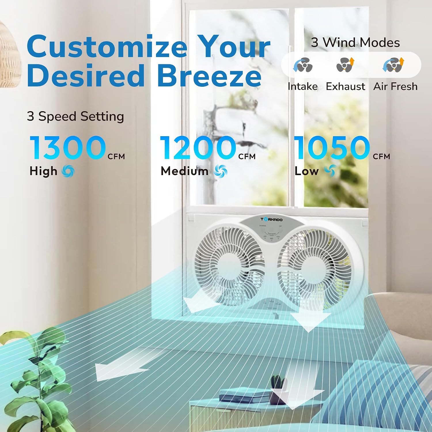 Tornado 9 Inch Window Fan with 3-Speed Settings and Detachable Base, Remote Control Window Fan for Home, Dual Fan, 23.5-35.4 Inch Expandable, 3 Function Modes (Cooling/Exhaust/Circulation), White Tornado 9 Inch Window Fan with 3-Speed Settings and Detachable Base, Remote Control Window Fan for Home, Dual Fan, 23.5-35.4 Inch Expandable, 3 Function Modes (Cooling/Exhaust/Circulation), White - Image 3