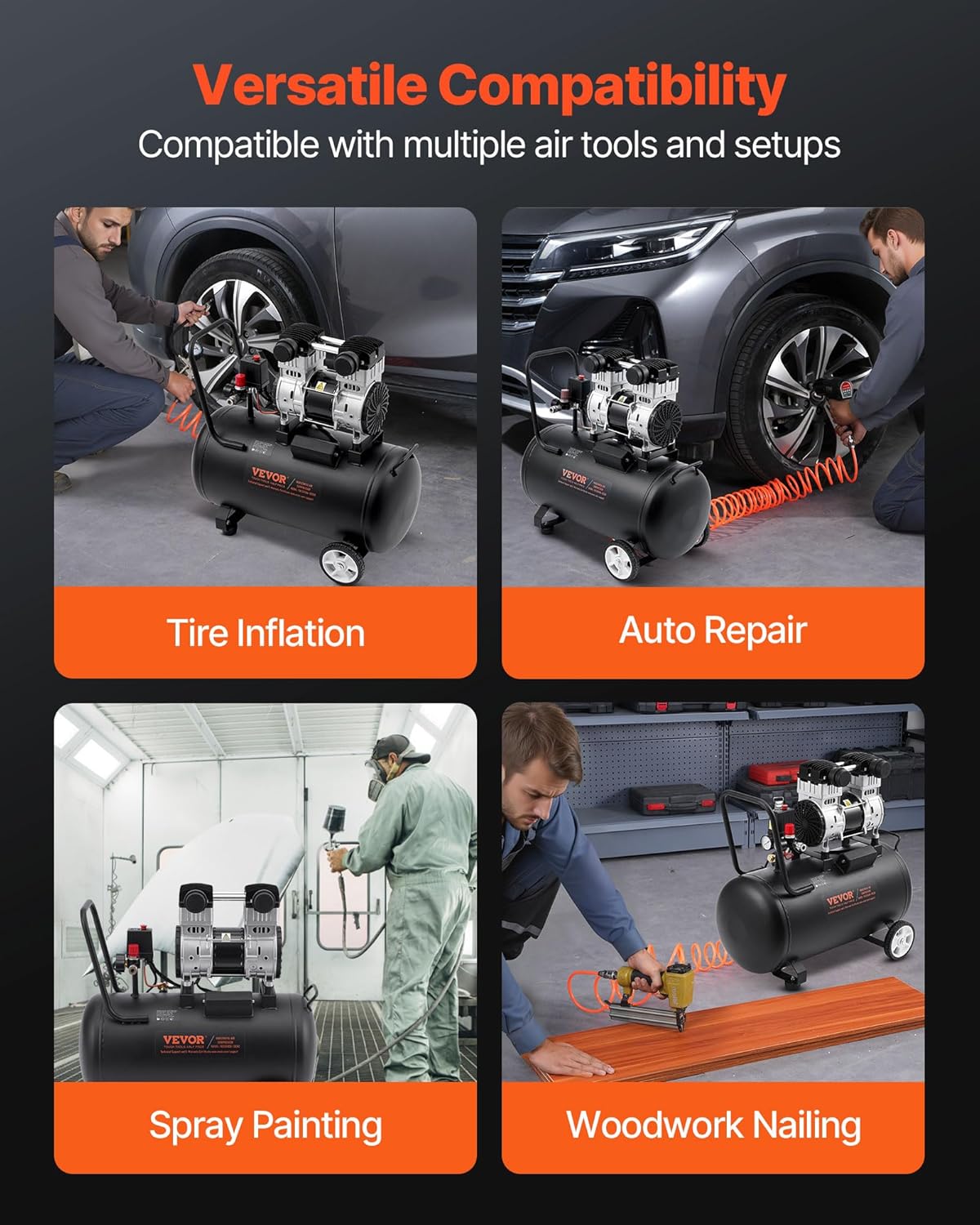 VEVOR Air Compressor, 15 Gallon Steel Tank, 2HP 5.3 CFM@90 PSI Oil Free Air Compressor & Max. 125PSI Pressure, 78dB Ultra Quiet Portable Compressor, for Auto Repair, Tire Inflation, Spray Painting VEVOR Air Compressor, 15 Gallon Steel Tank, 2HP 5.3 CFM@90 PSI Oil Free Air Compressor & Max. 125PSI Pressure, 78dB Ultra Quiet Portable Compressor, for Auto Repair, Tire Inflation, Spray Painting - Image 6