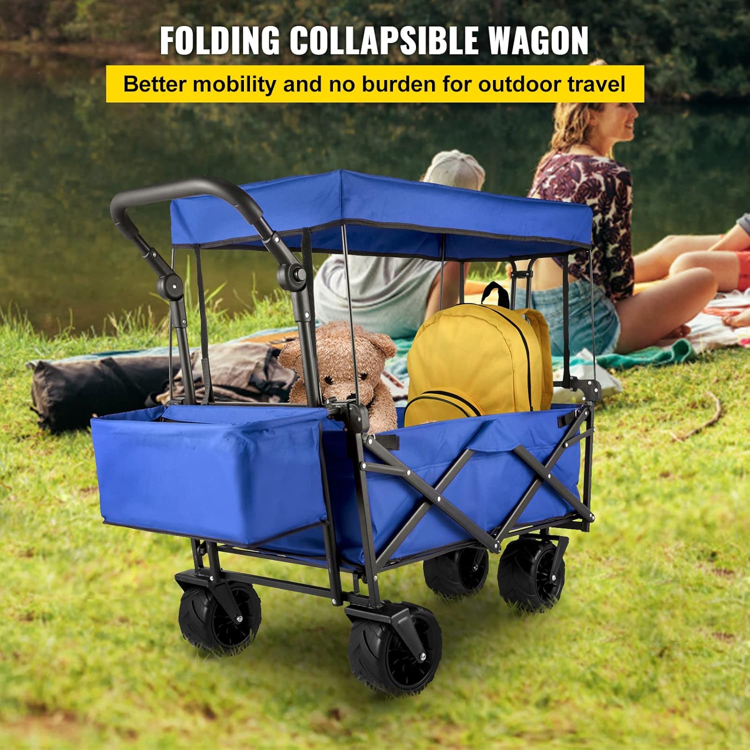 VEVOR Collapsible Wagon with Canopy, 220lbs Foldable Wagon, Beach Wagon Cart with Big Wheels and Canopy with Adjustable Push Pulling Handles VEVOR Collapsible Wagon with Canopy, 220lbs Foldable Wagon, Beach Wagon Cart with Big Wheels and Canopy with Adjustable Push Pulling Handles - Image 2