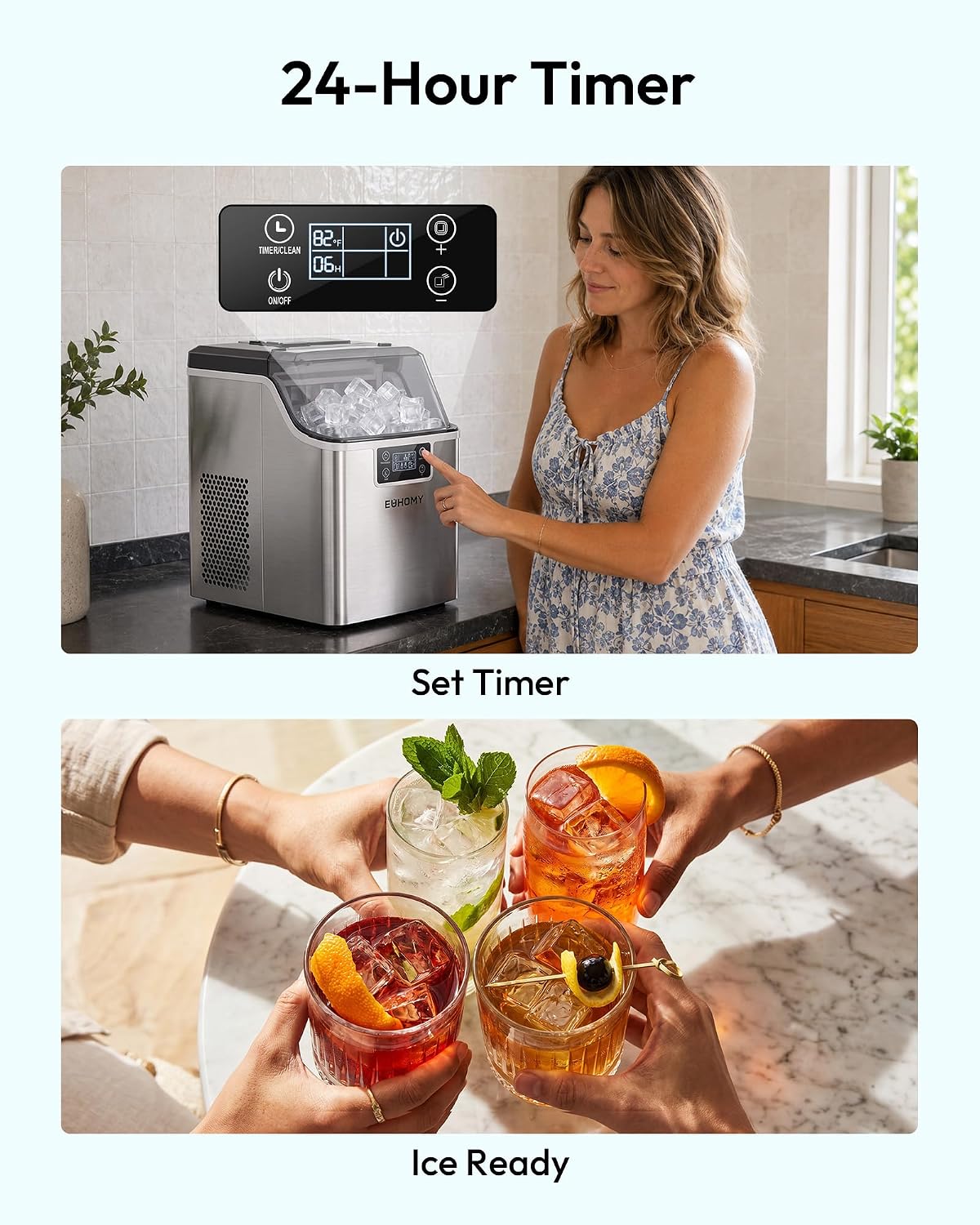EUHOMY Ice Cube Maker Machine Countertop, 2 Ways to Add Water, 45Lbs/Day 24 Pcs Ready in 13 Mins, Auto-Cleaning Portable Compact, with Ice Scoop & Basket, Perfect for Home/Kitchen/Office/Bar (Silver) EUHOMY Ice Cube Maker Machine Countertop, 2 Ways to Add Water, 45Lbs/Day 24 Pcs Ready in 13 Mins, Auto-Cleaning Portable Compact, with Ice Scoop & Basket, Perfect for Home/Kitchen/Office/Bar (Silver) - Image 8