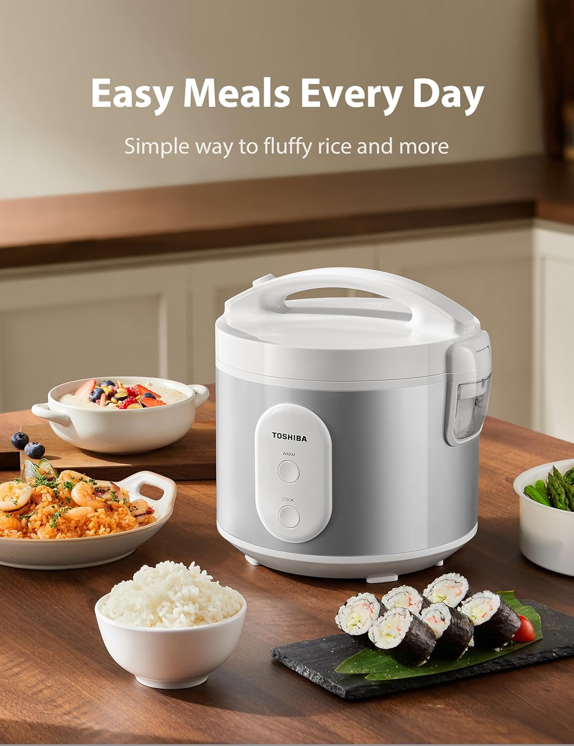 TOSHIBA Rice Cooker & Steamer Simple 5.5 Cup(Uncooked) with Steaming Basket, Removable Non-Stick Inner Pot & Inner Lid, for Soups, Stews, Grains&Oatmeal, One Touch&Keep Warm Function, Silvery White TOSHIBA Rice Cooker & Steamer Simple 5.5 Cup(Uncooked) with Steaming Basket, Removable Non-Stick Inner Pot & Inner Lid, for Soups, Stews, Grains&Oatmeal, One Touch&Keep Warm Function, Silvery White - Image 2