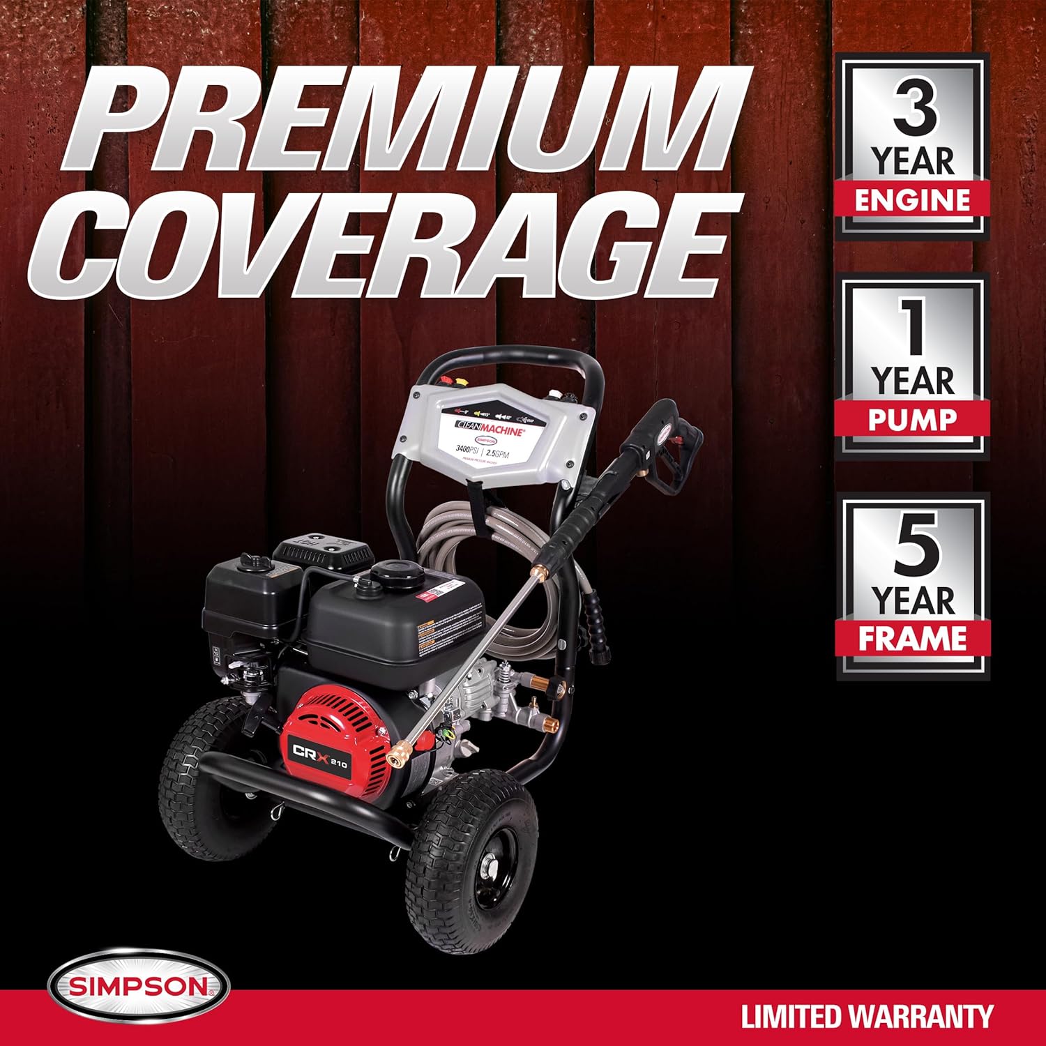 Simpson 3400 PSI Gas Pressure Washer, 2.5 GPM Residential Power Washer, Cold Water, 25' Hose, Clean Machine, 49-State Compliant (CM61083) Simpson 3400 PSI Gas Pressure Washer, 2.5 GPM Residential Power Washer, Cold Water, 25' Hose, Clean Machine, 49-State Compliant (CM61083) - Image 9