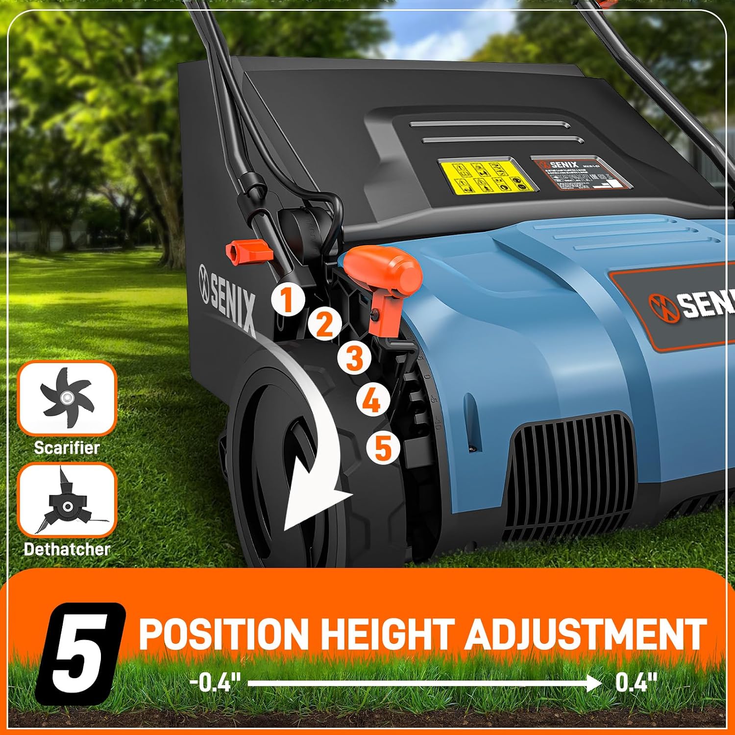 SENIX 13 Amp 15-Inch 2-in-1 Electric Dethatcher and Scarifier with 13.2-Gal Collection Bag,4-Position Depth Adjustment,Walk Behind for Lawn Garden Care Removing Thatch,Quick-Fold(SCE13-M) SENIX 13 Amp 15-Inch 2-in-1 Electric Dethatcher and Scarifier with 13.2-Gal Collection Bag,4-Position Depth Adjustment,Walk Behind for Lawn Garden Care Removing Thatch,Quick-Fold(SCE13-M) - Image 5