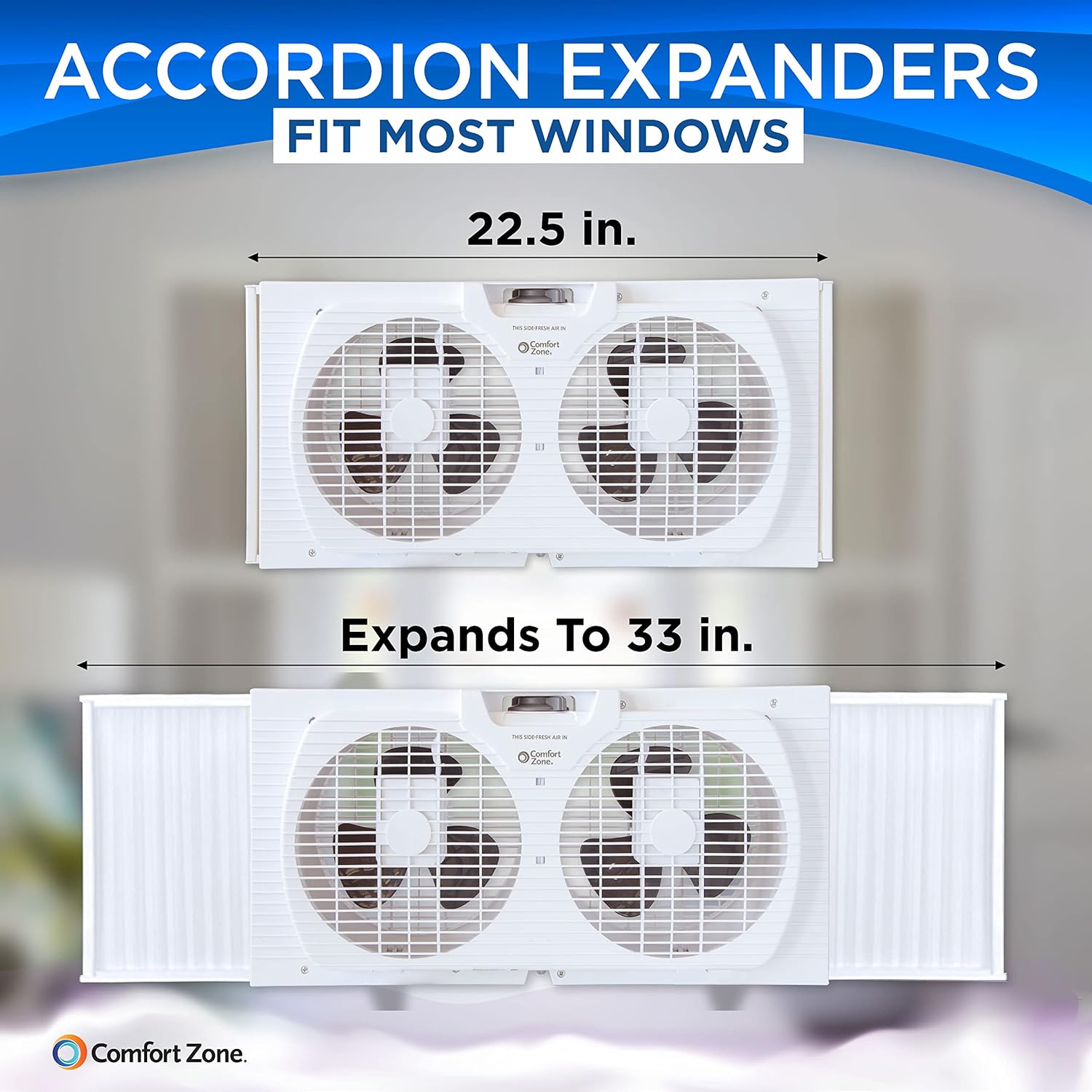 Comfort Zone Twin Window Fan with Reversible Airflow Control, 9 inch, Auto-Locking Expanders, 2 Speed Fan, Dual Fan, Exhaust, Airflow 9.84 ft/sec, Ideal for Home, Kitchen, Bedroom & Office, CZ319WT Comfort Zone Twin Window Fan with Reversible Airflow Control, 9 inch, Auto-Locking Expanders, 2 Speed Fan, Dual Fan, Exhaust, Airflow 9.84 ft/sec, Ideal for Home, Kitchen, Bedroom & Office, CZ319WT - Image 3