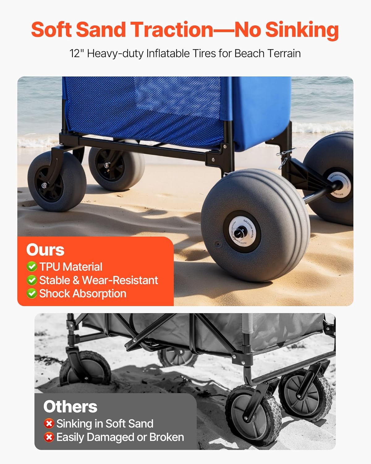 VEVOR Beach Cart, 165LBS Load Capacity, Portable Folding Beach Wagon Dolly with 12" Balloon Wheels for Sand, Storage Bag & 4-Level Adjustable Height for Outdoor Camping Fishing VEVOR Beach Cart, 165LBS Load Capacity, Portable Folding Beach Wagon Dolly with 12" Balloon Wheels for Sand, Storage Bag & 4-Level Adjustable Height for Outdoor Camping Fishing - Image 5