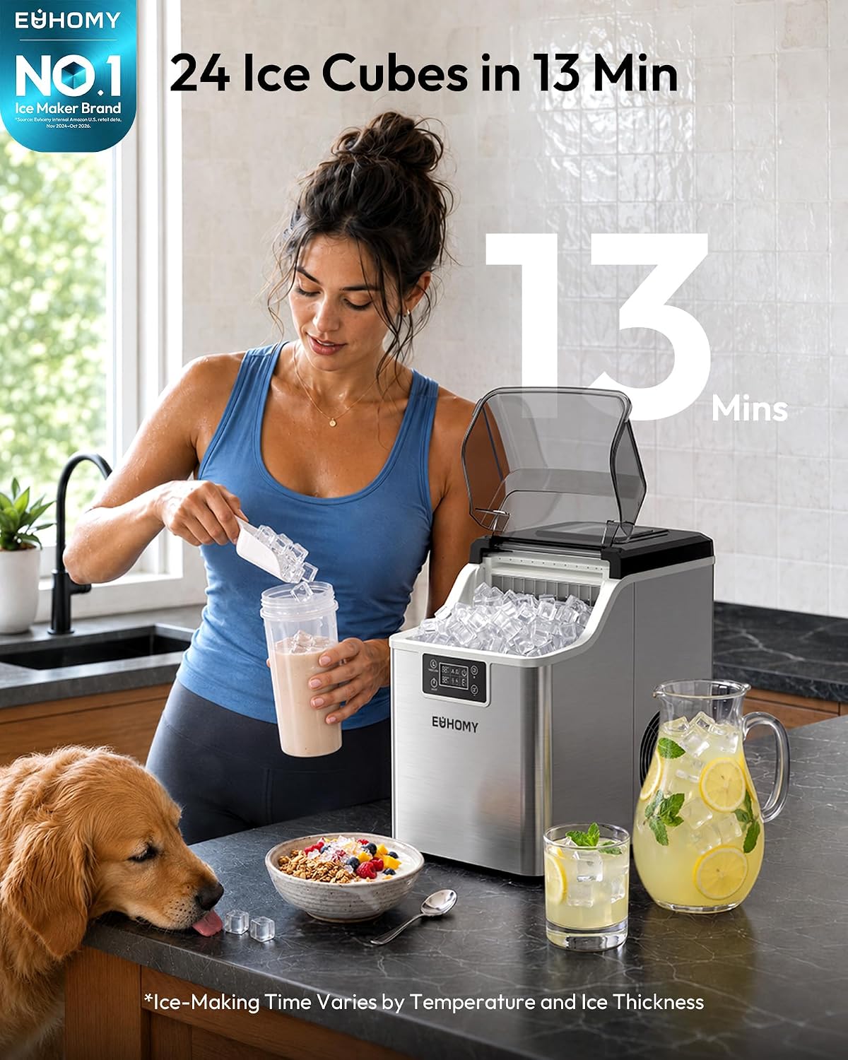 EUHOMY Ice Cube Maker Machine Countertop, 2 Ways to Add Water, 45Lbs/Day 24 Pcs Ready in 13 Mins, Auto-Cleaning Portable Compact, with Ice Scoop & Basket, Perfect for Home/Kitchen/Office/Bar (Silver) EUHOMY Ice Cube Maker Machine Countertop, 2 Ways to Add Water, 45Lbs/Day 24 Pcs Ready in 13 Mins, Auto-Cleaning Portable Compact, with Ice Scoop & Basket, Perfect for Home/Kitchen/Office/Bar (Silver) - Image 2
