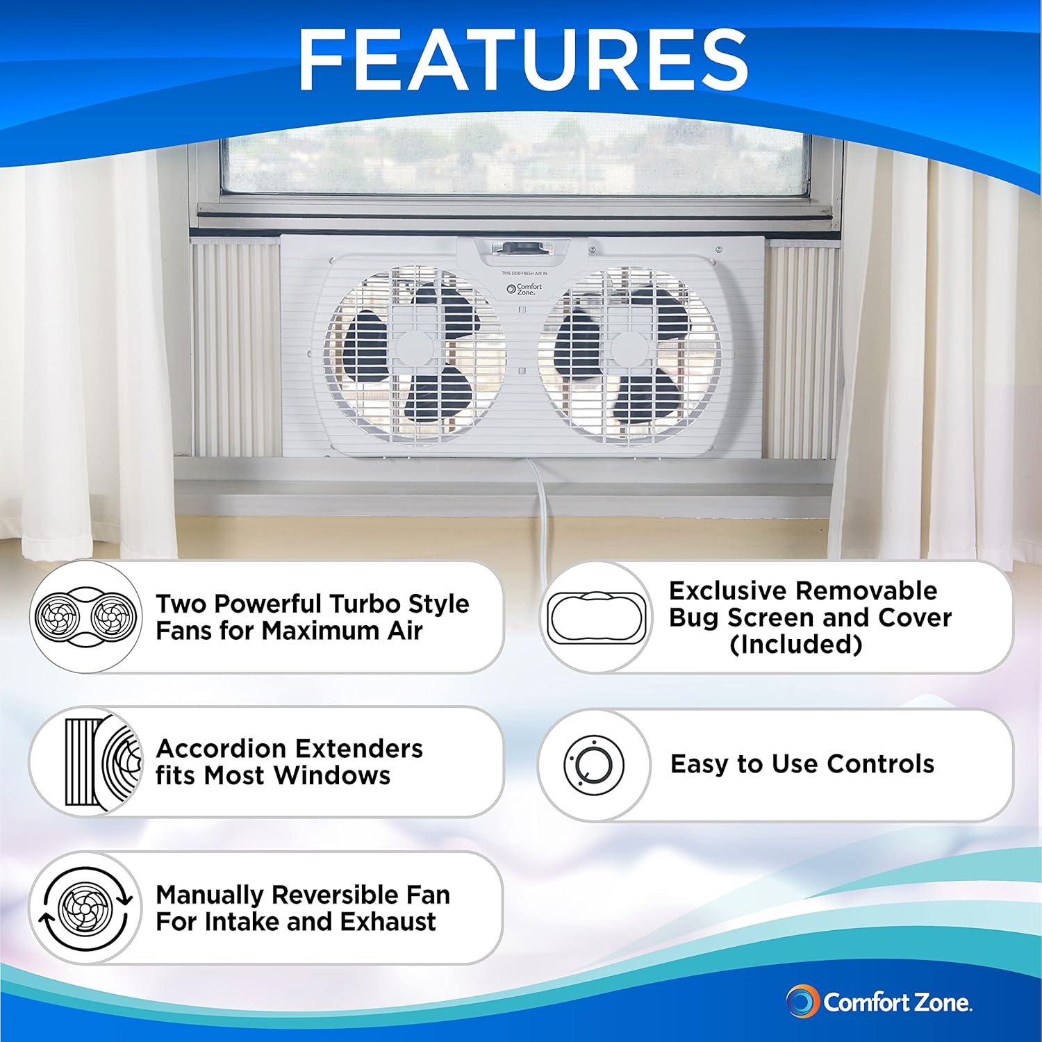 Comfort Zone Twin Window Fan with Reversible Airflow Control, 9 inch, Auto-Locking Expanders, 2 Speed Fan, Dual Fan, Exhaust, Airflow 9.84 ft/sec, Ideal for Home, Kitchen, Bedroom & Office, CZ319WT Comfort Zone Twin Window Fan with Reversible Airflow Control, 9 inch, Auto-Locking Expanders, 2 Speed Fan, Dual Fan, Exhaust, Airflow 9.84 ft/sec, Ideal for Home, Kitchen, Bedroom & Office, CZ319WT - Image 2