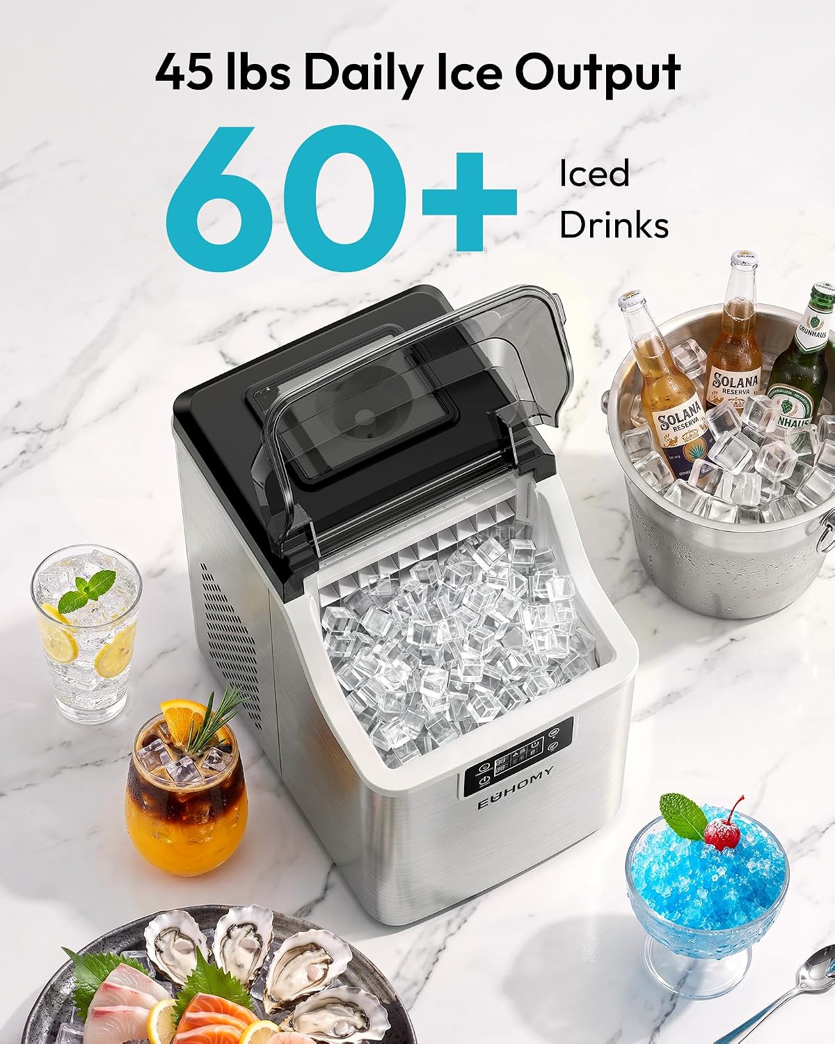 EUHOMY Ice Cube Maker Machine Countertop, 2 Ways to Add Water, 45Lbs/Day 24 Pcs Ready in 13 Mins, Auto-Cleaning Portable Compact, with Ice Scoop & Basket, Perfect for Home/Kitchen/Office/Bar (Silver) EUHOMY Ice Cube Maker Machine Countertop, 2 Ways to Add Water, 45Lbs/Day 24 Pcs Ready in 13 Mins, Auto-Cleaning Portable Compact, with Ice Scoop & Basket, Perfect for Home/Kitchen/Office/Bar (Silver) - Image 3