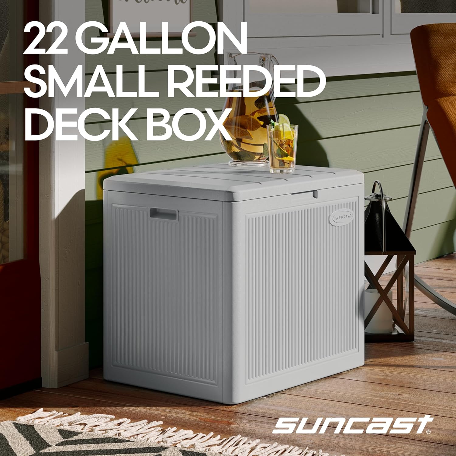 Suncast 22-Gal. Resin Small Outdoor Patio Deck Box with Reeded Design, Modern Outdoor Patio Bench/Storage Box for Cushions, Garden Tools, and More, French Gray Suncast 22-Gal. Resin Small Outdoor Patio Deck Box with Reeded Design, Modern Outdoor Patio Bench/Storage Box for Cushions, Garden Tools, and More, French Gray - Image 2