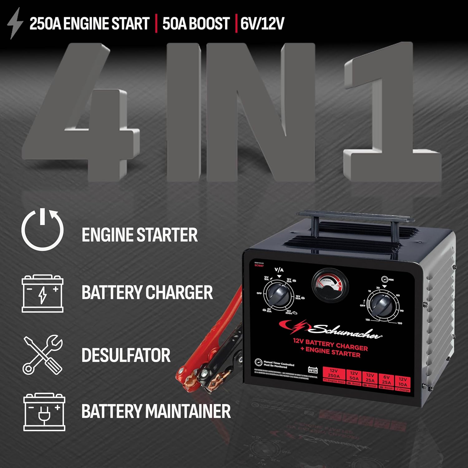 Schumacher Electric 6V/12V Time Controlled Battery Charger & Engine Starter - Precision Controlled Charger with 135-minute Timer & Overload Protection - 250 Cranking Amps & 3 Boost Modes - SC1667 Schumacher Electric 6V/12V Time Controlled Battery Charger & Engine Starter - Precision Controlled Charger with 135-minute Timer & Overload Protection - 250 Cranking Amps & 3 Boost Modes - SC1667 - Image 2