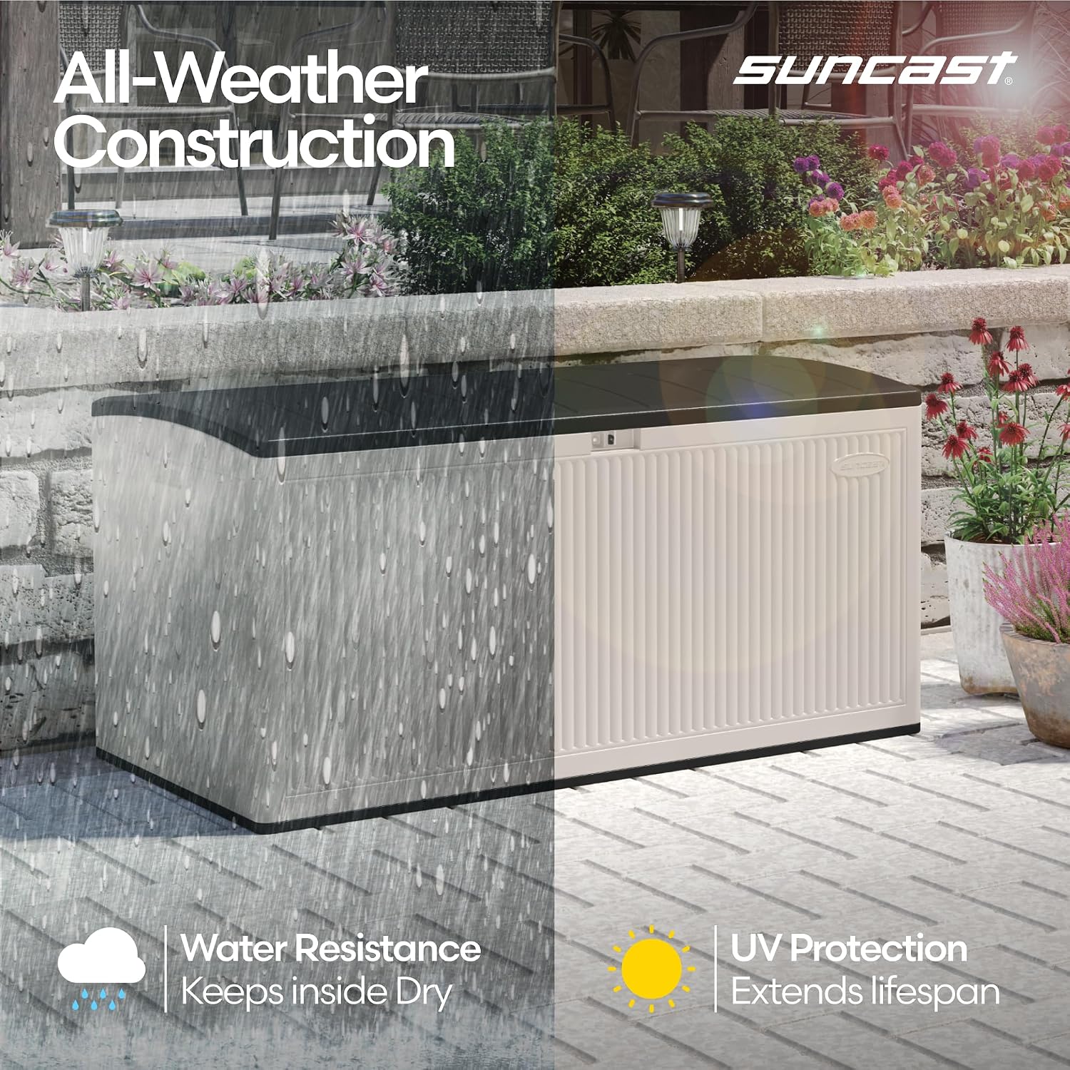 Suncast 160-Gal. Resin Extra-Large Outdoor Patio Deck Box with Pad-Lockable Lid, Modern Reeded Outdoor Patio Bench/Storage Box for Cushions, Garden Tools, and More, Iron Ore/French Gray Suncast 160-Gal. Resin Extra-Large Outdoor Patio Deck Box with Pad-Lockable Lid, Modern Reeded Outdoor Patio Bench/Storage Box for Cushions, Garden Tools, and More, Iron Ore/French Gray - Image 4