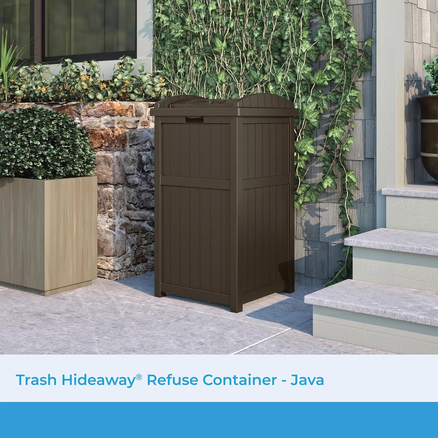 Suncast 33 Gallon Durable Resin Hideaway Outdoor Garbage Can with Secure Lid and Wicker Design for Home Backyards, Decks, or Patios, Java Brown Suncast 33 Gallon Durable Resin Hideaway Outdoor Garbage Can with Secure Lid and Wicker Design for Home Backyards, Decks, or Patios, Java Brown - Image 2
