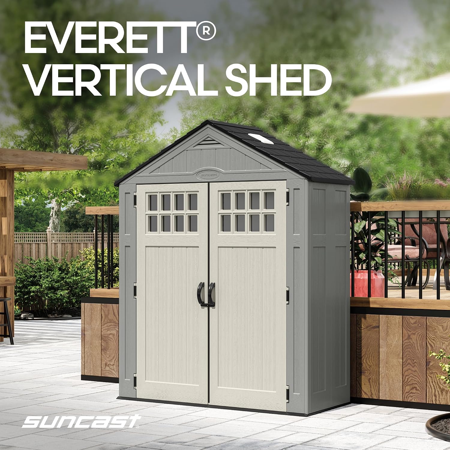 Suncast Everett 6x3 ft Vertical Storage Shed - Resin Outdoor Garden Shed with Floor, Windows, Skylight & Lockable Double Doors. Slim Yard Storage for Utility Tools & Backyard Equipment Suncast Everett 6x3 ft Vertical Storage Shed - Resin Outdoor Garden Shed with Floor, Windows, Skylight & Lockable Double Doors. Slim Yard Storage for Utility Tools & Backyard Equipment - Image 3