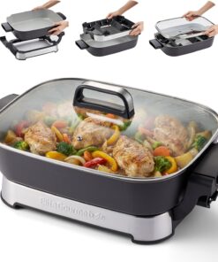 Elite Gourmet Stow-Away Ceramic Electric Skillet, 1500W, Black/Gray | PFAS-Free Ceralast Coating, Rapid Heat-Up, 15"x12"x3" Foldable Design, Dishwasher-Safe Pan & Lid, Large Size