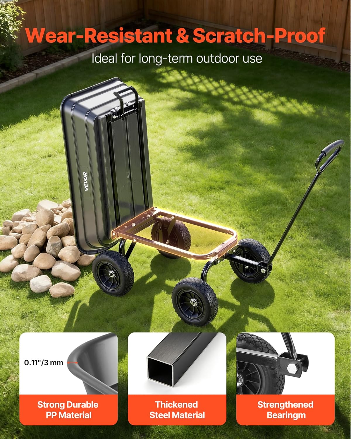 VEVOR 4 Cu.Ft 600LBS Poly Garden Cart Dump Wagon, 4 Wheel Heavy Duty Wheelbarrow with 10" Flat Free Tires, Yard Cart Dump Wagon with Quick-Release System VEVOR 4 Cu.Ft 600LBS Poly Garden Cart Dump Wagon, 4 Wheel Heavy Duty Wheelbarrow with 10" Flat Free Tires, Yard Cart Dump Wagon with Quick-Release System - Image 6