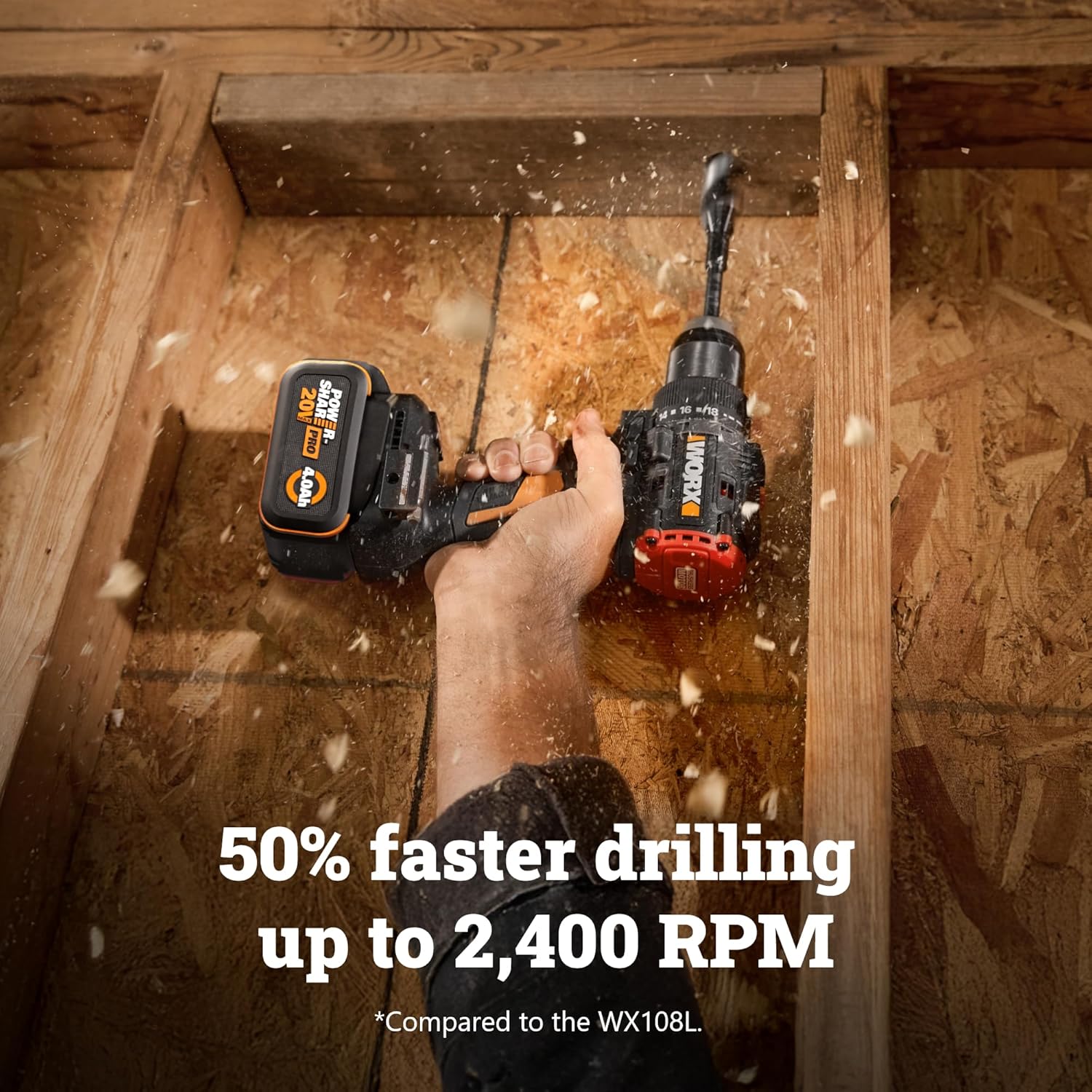81Uw1J6CfrL._AC_SL1500_.jpg WORX Cordless Drill Driver, 20V 930 in·lbs Brushless Power Drill Driver, Powerful and Faster Drilling and Driving, Compact 6.3" length, 20V 4.0 Ah Battery and Charger Included, PowerShare WX109L.1