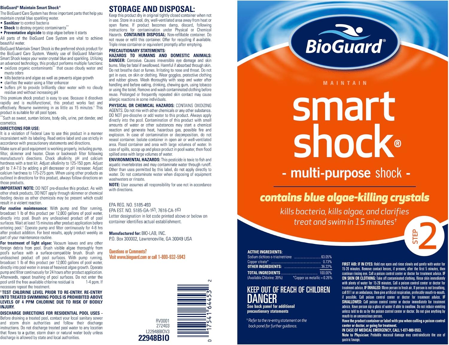 BioGuard Smart Shock 25 lb, Algae Preventative, Swimming Pool Clarifier, Pool Shock Treatment, Multi-Purpose Shock for Pool Maintenance BioGuard Smart Shock 25 lb, Algae Preventative, Swimming Pool Clarifier, Pool Shock Treatment, Multi-Purpose Shock for Pool Maintenance - Image 2