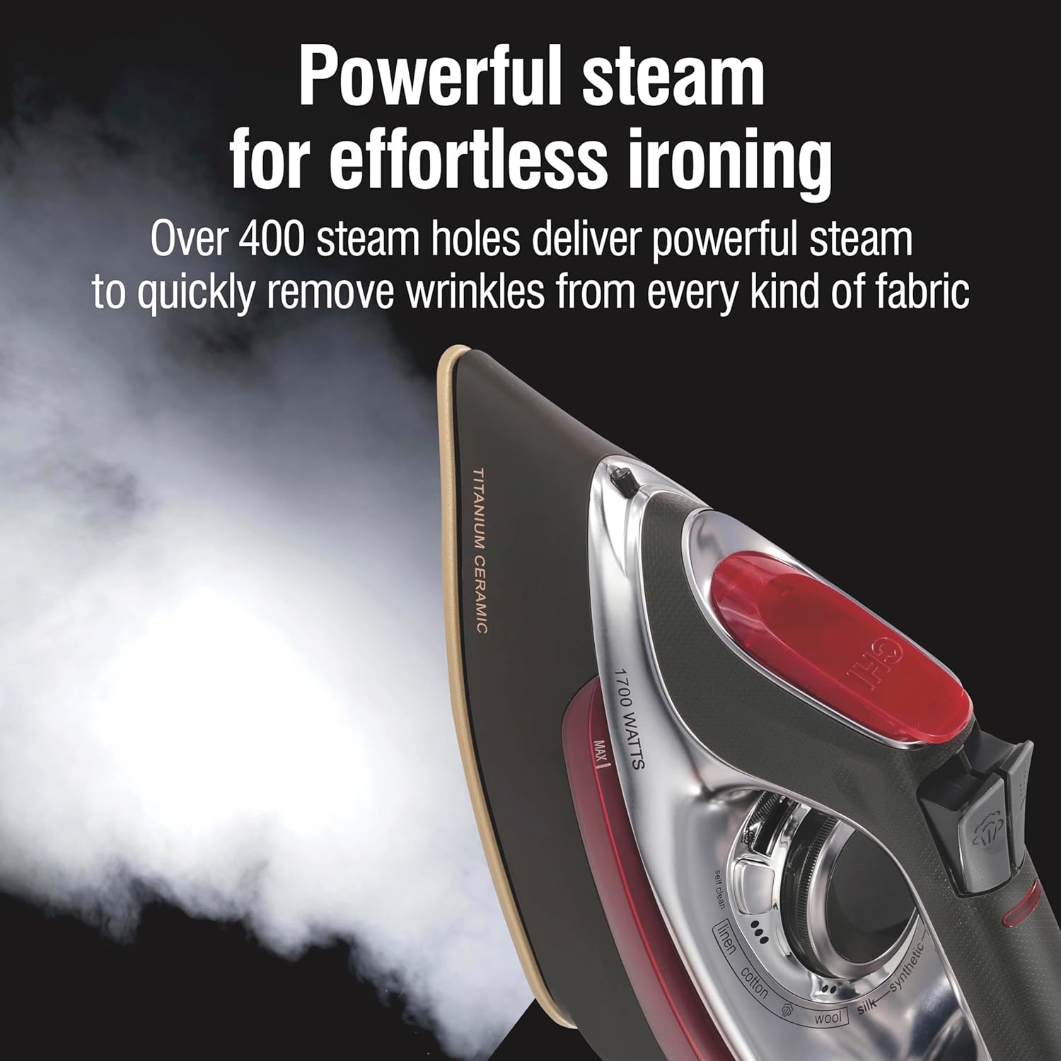 CHI Steam Iron for Clothes with Vertical Steam Burst, Professional Grade, Titanium Ceramic Soleplate, 400+ Steam Holes, 1700 Watts, 3-Way Auto Shutoff, 8' Cord CHI Steam Iron for Clothes with Vertical Steam Burst, Professional Grade, Titanium Ceramic Soleplate, 400+ Steam Holes, 1700 Watts, 3-Way Auto Shutoff, 8' Cord - Image 3