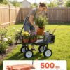 VEVOR 500 LBS Steel Garden Cart with Work Seat, Heavy Duty Garden Wagon Cart on Wheels, Outdoor Metal Utility Yard Wagon Gardening Stool with 10inch Flat Free Tires, Tool Tray & Adjustable Handle