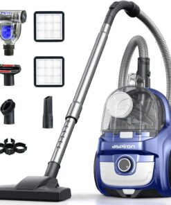 Aspiron Canister Vacuum Cleaner, 40Kpa Bagless Vacuum Cleaners, 4QT Large Dust Cup, Double HEPA Filter, Retractable Cord, 1600W Lightweight Vacuum Cleaner with 5 Tools for Hard Floors, Prussian Blue