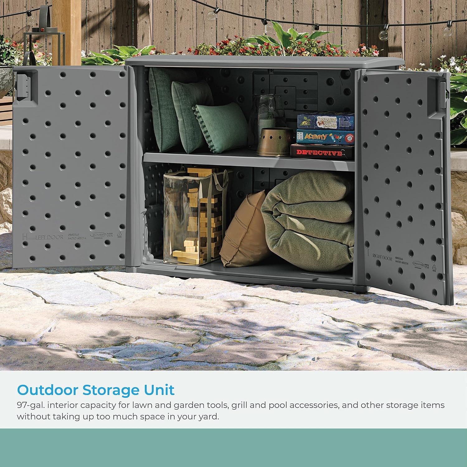 Suncast Lockable Outdoor Cabinet Storage for Patio, Garden and Backyard, 97 Gal, Cool Gray Suncast Lockable Outdoor Cabinet Storage for Patio, Garden and Backyard, 97 Gal, Cool Gray - Image 4