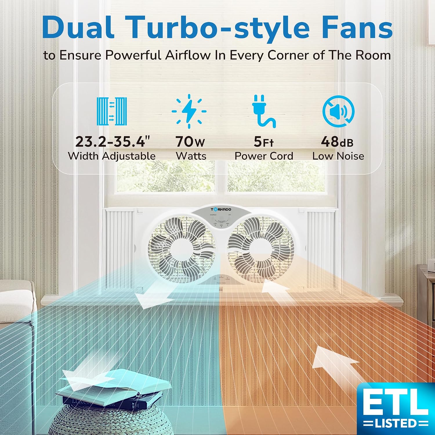 Tornado 9 Inch Window Fan with 3-Speed Settings and Detachable Base, Remote Control Window Fan for Home, Dual Fan, 23.5-35.4 Inch Expandable, 3 Function Modes (Cooling/Exhaust/Circulation), White Tornado 9 Inch Window Fan with 3-Speed Settings and Detachable Base, Remote Control Window Fan for Home, Dual Fan, 23.5-35.4 Inch Expandable, 3 Function Modes (Cooling/Exhaust/Circulation), White - Image 4