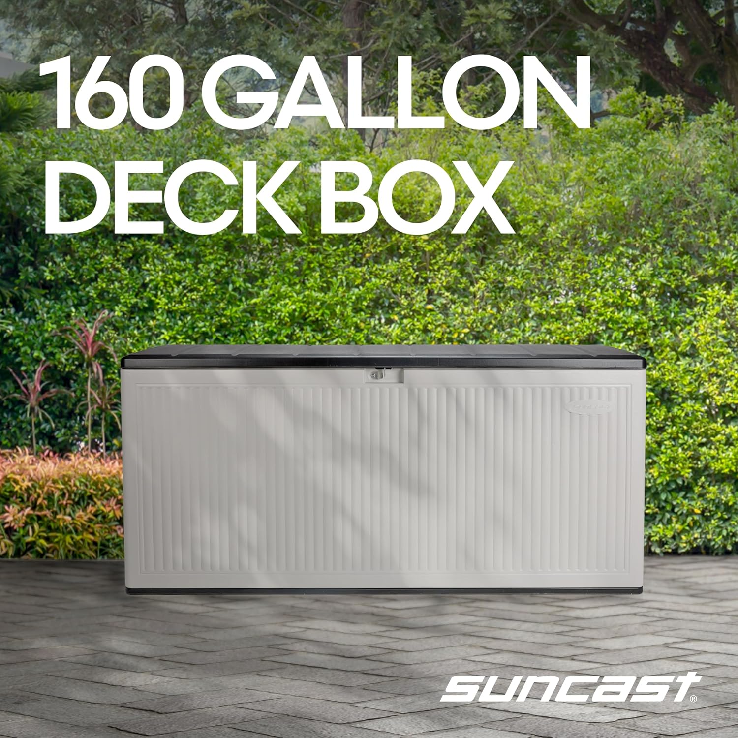 Suncast 160-Gal. Resin Extra-Large Outdoor Patio Deck Box with Pad-Lockable Lid, Modern Reeded Outdoor Patio Bench/Storage Box for Cushions, Garden Tools, and More, Iron Ore/French Gray Suncast 160-Gal. Resin Extra-Large Outdoor Patio Deck Box with Pad-Lockable Lid, Modern Reeded Outdoor Patio Bench/Storage Box for Cushions, Garden Tools, and More, Iron Ore/French Gray - Image 2