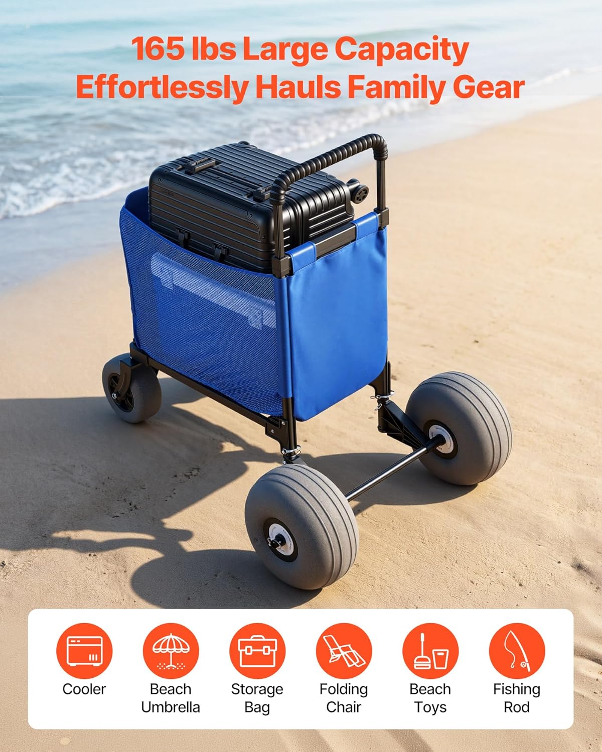 VEVOR Beach Cart, 165LBS Load Capacity, Portable Folding Beach Wagon Dolly with 12" Balloon Wheels for Sand, Storage Bag & 4-Level Adjustable Height for Outdoor Camping Fishing VEVOR Beach Cart, 165LBS Load Capacity, Portable Folding Beach Wagon Dolly with 12" Balloon Wheels for Sand, Storage Bag & 4-Level Adjustable Height for Outdoor Camping Fishing - Image 3